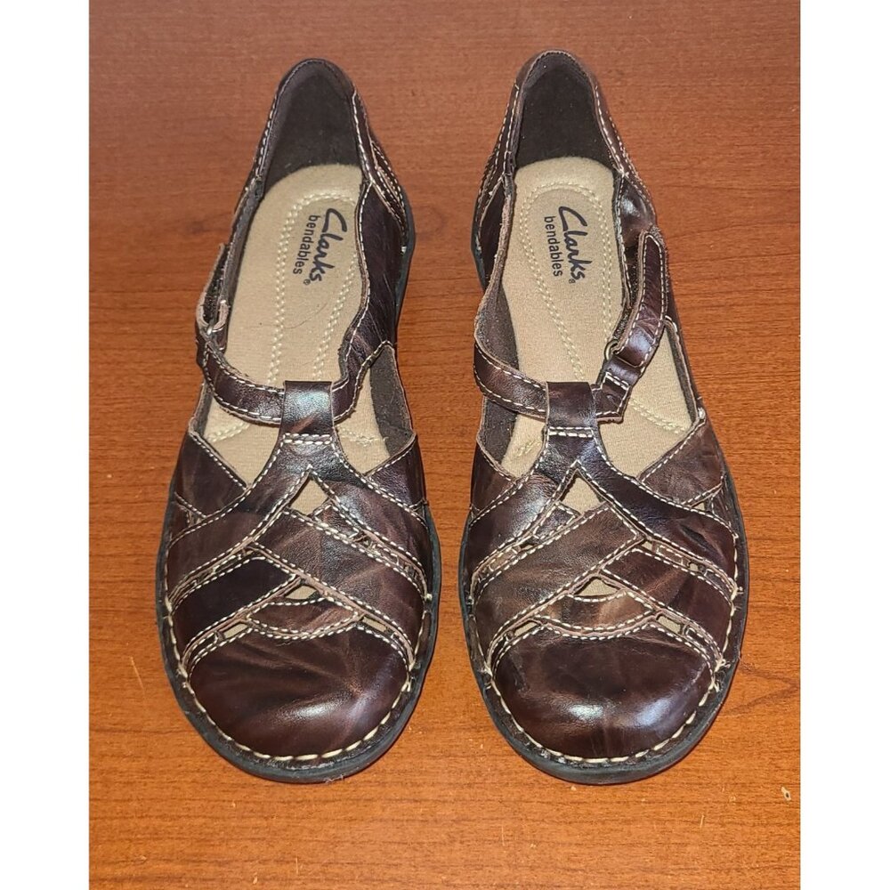 Clarks Womens Shoes 7M Bendables Brown Leather Strap Flat Stitched